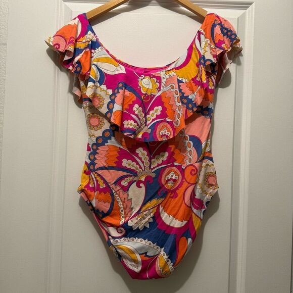 Trina Turk MULTI Sevilla Off the Shoulder One Piece Swimsuit Size 12 - Picture 3 of 6